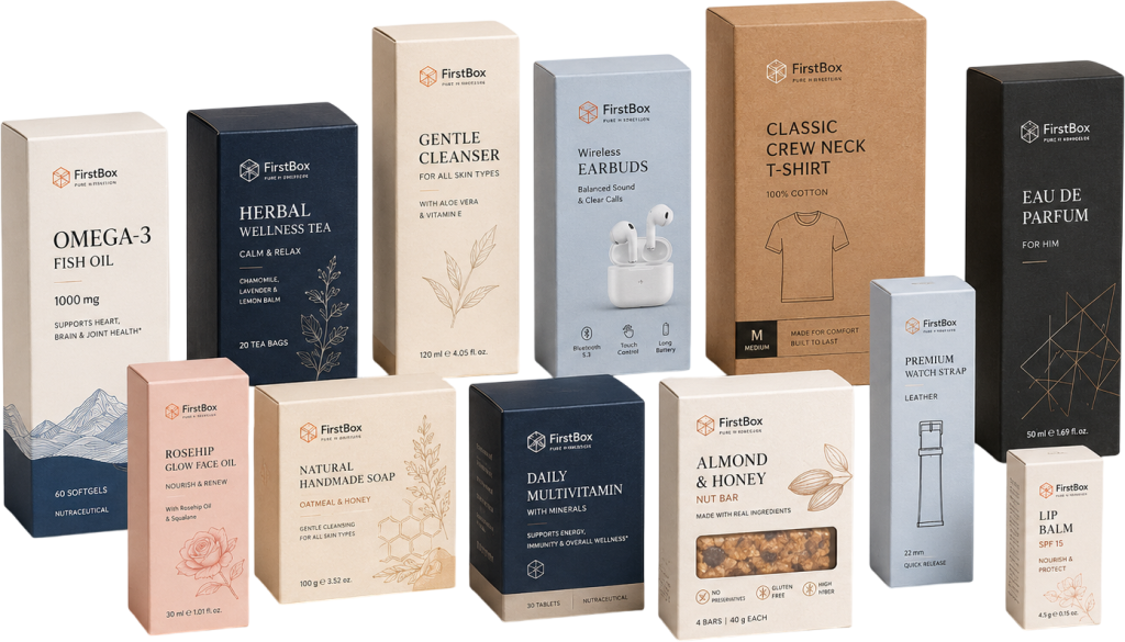 Custom printed mono cartons manufactured by FirstBox in India for cosmetics, pharmaceuticals, food, electronics and consumer products.