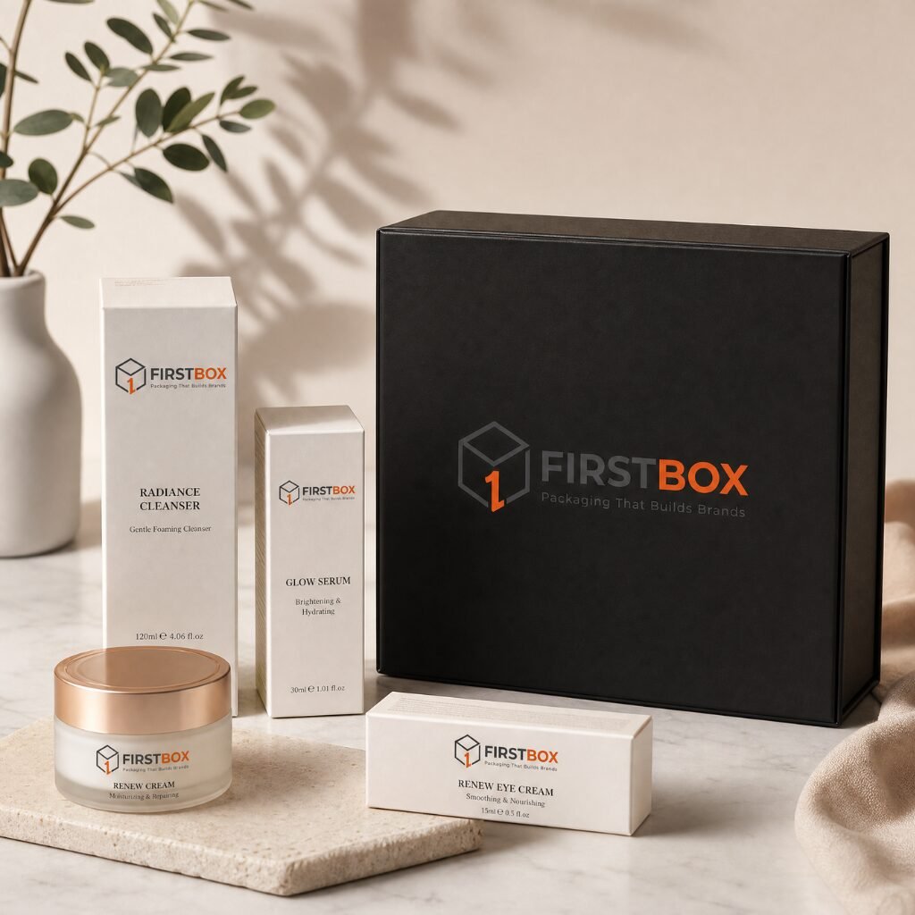 Skincare cosmetic packaging with mono cartons and rigid box by FIRSTBOX