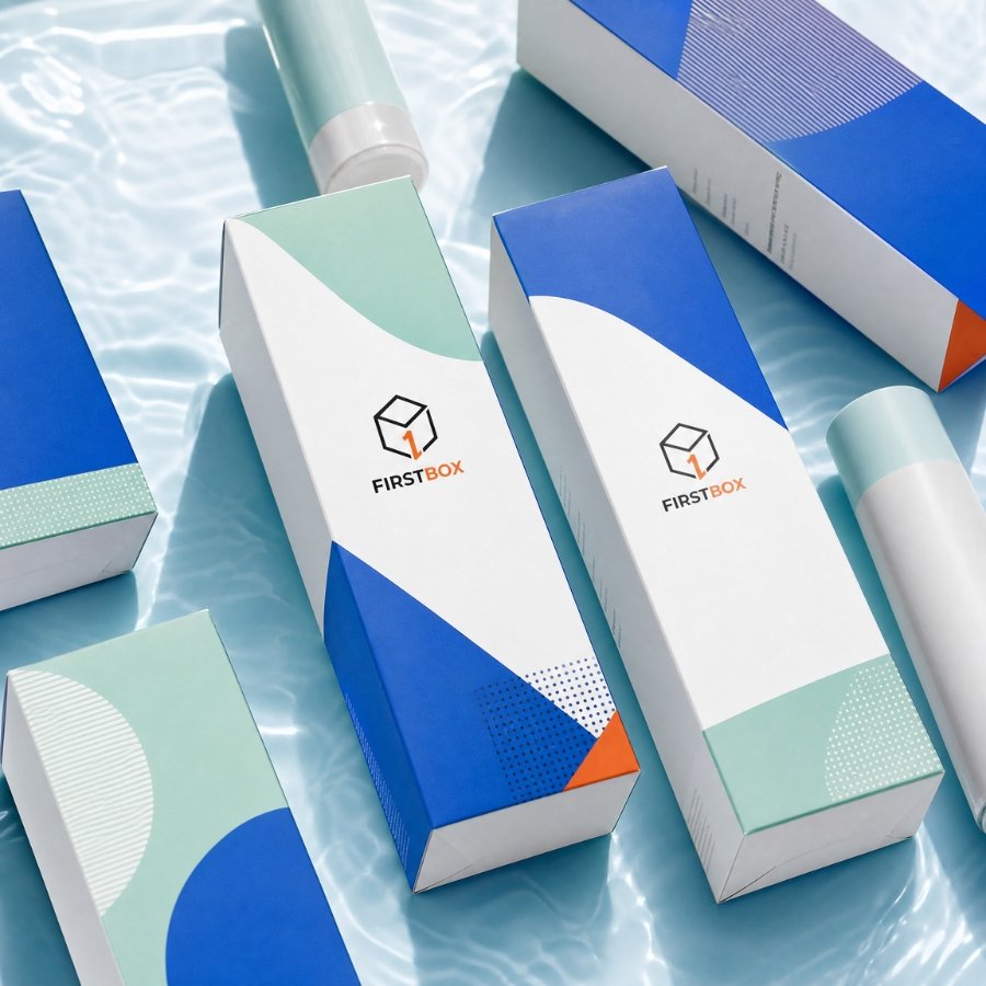 Clean modern FIRSTBOX skincare mono cartons for cleanser, serum, moisturizer, and sunscreen arranged in a precise clinical display