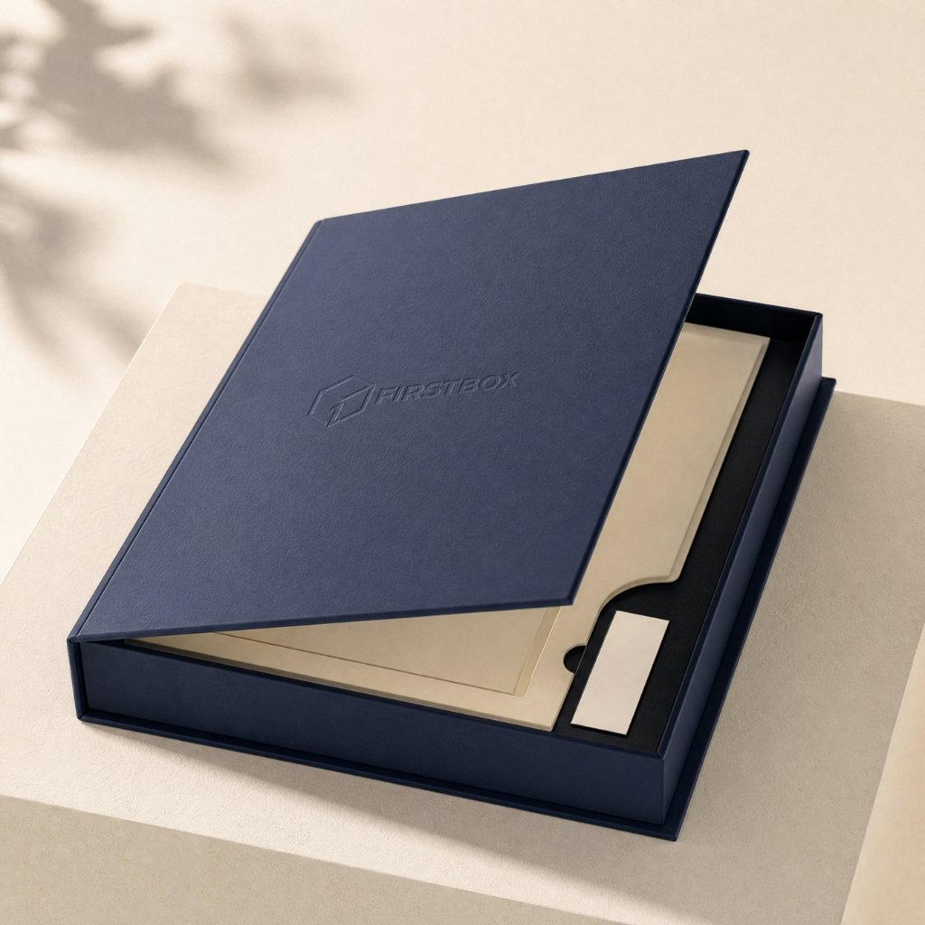 FIRSTBOX deep-navy book-style rigid document box with a fitted folder, protected card slot, precision closure, and paper seal detail