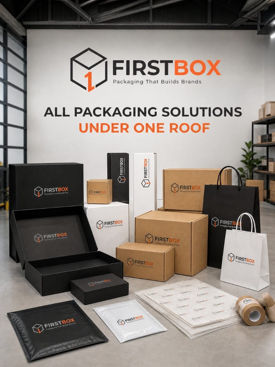 All packaging solutions under one roof by FIRSTBOX featuring rigid boxes, mono cartons, and corrugated boxes