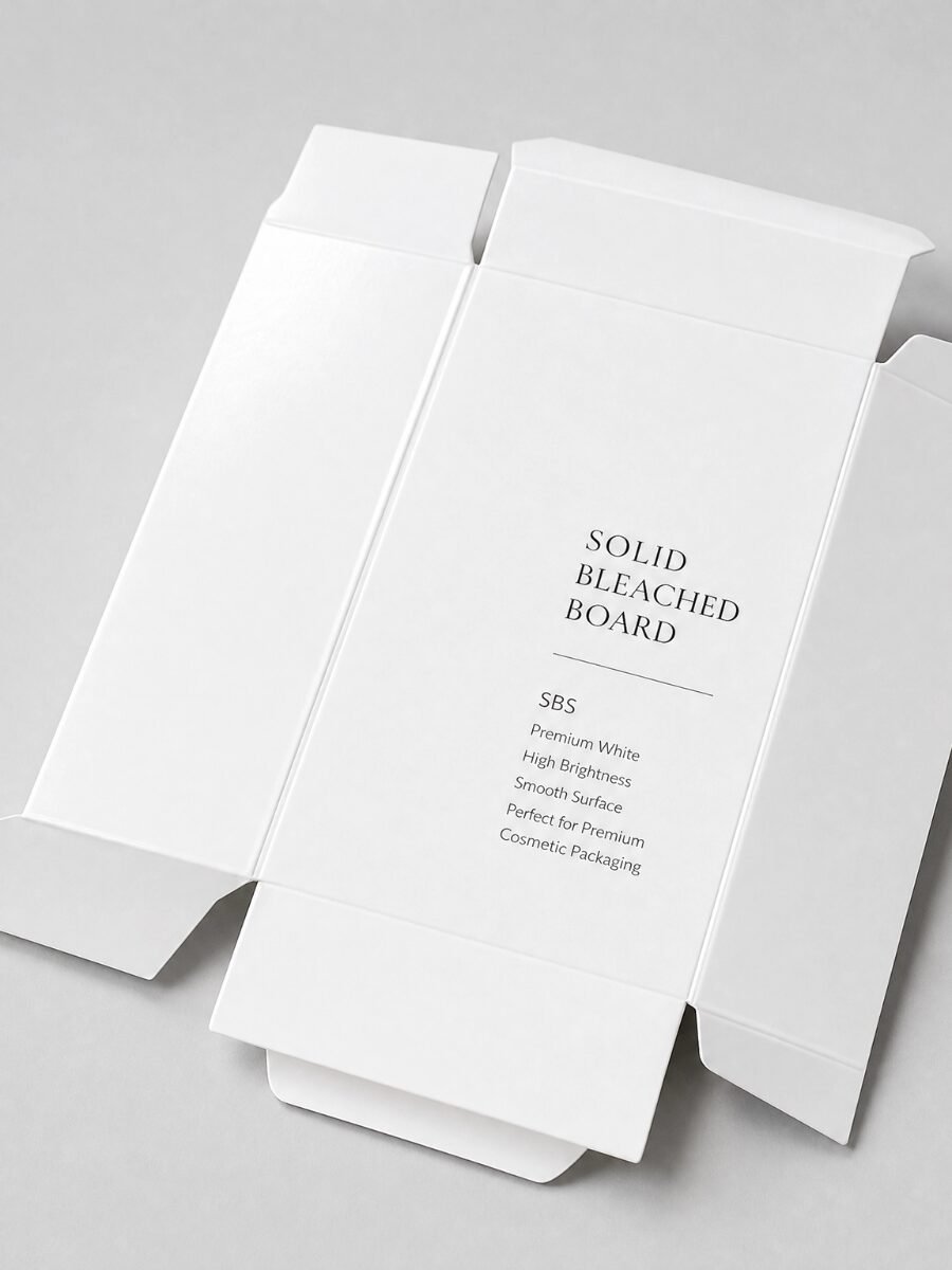 Solid Bleached Board (SBS) premium white paperboard material for luxury cosmetic and pharmaceutical mono cartons with smooth brilliant finish
