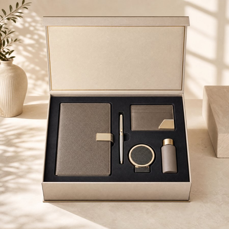 Executive gift set displayed in an open luxury rigid box with fitted insert, notebook, metal pen, card holder, desk accessory, and premium packaging