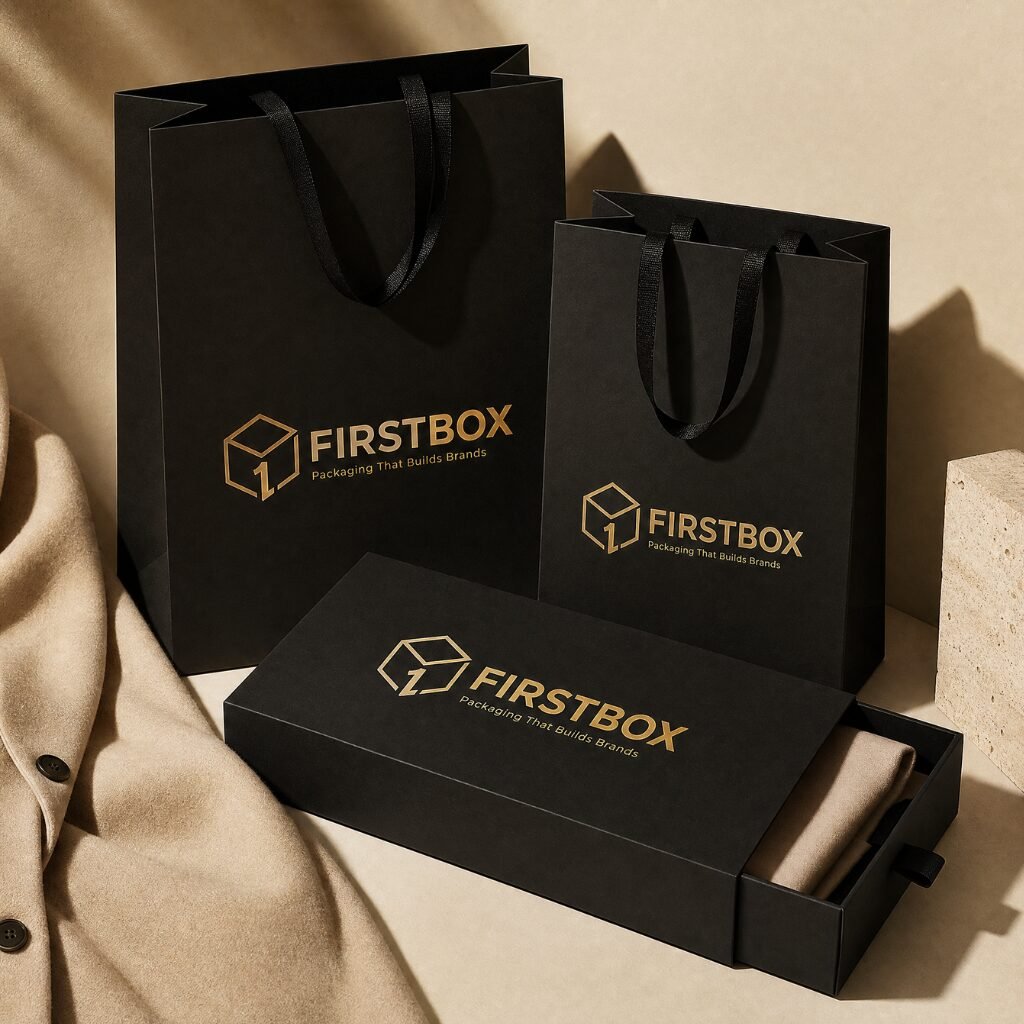 Fashion and lifestyle luxury paper carry bags and slider box by FIRSTBOX