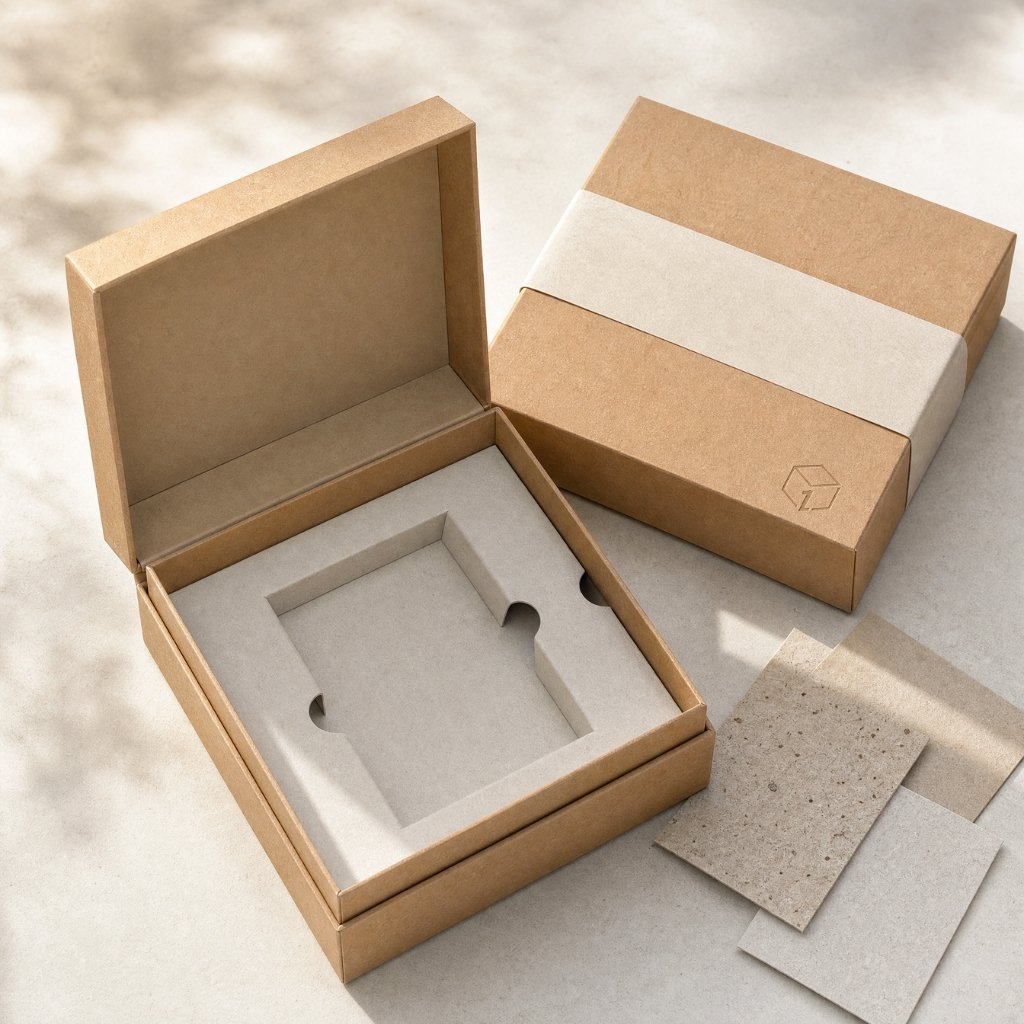 FIRSTBOX recycled-kraft shoulder-and-neck rigid box with an oatmeal-grey paperboard insert and natural fibre board offcuts