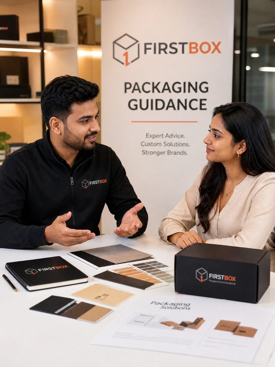 FIRSTBOX packaging consultation featuring Indian consultant and Indian customer with material samples