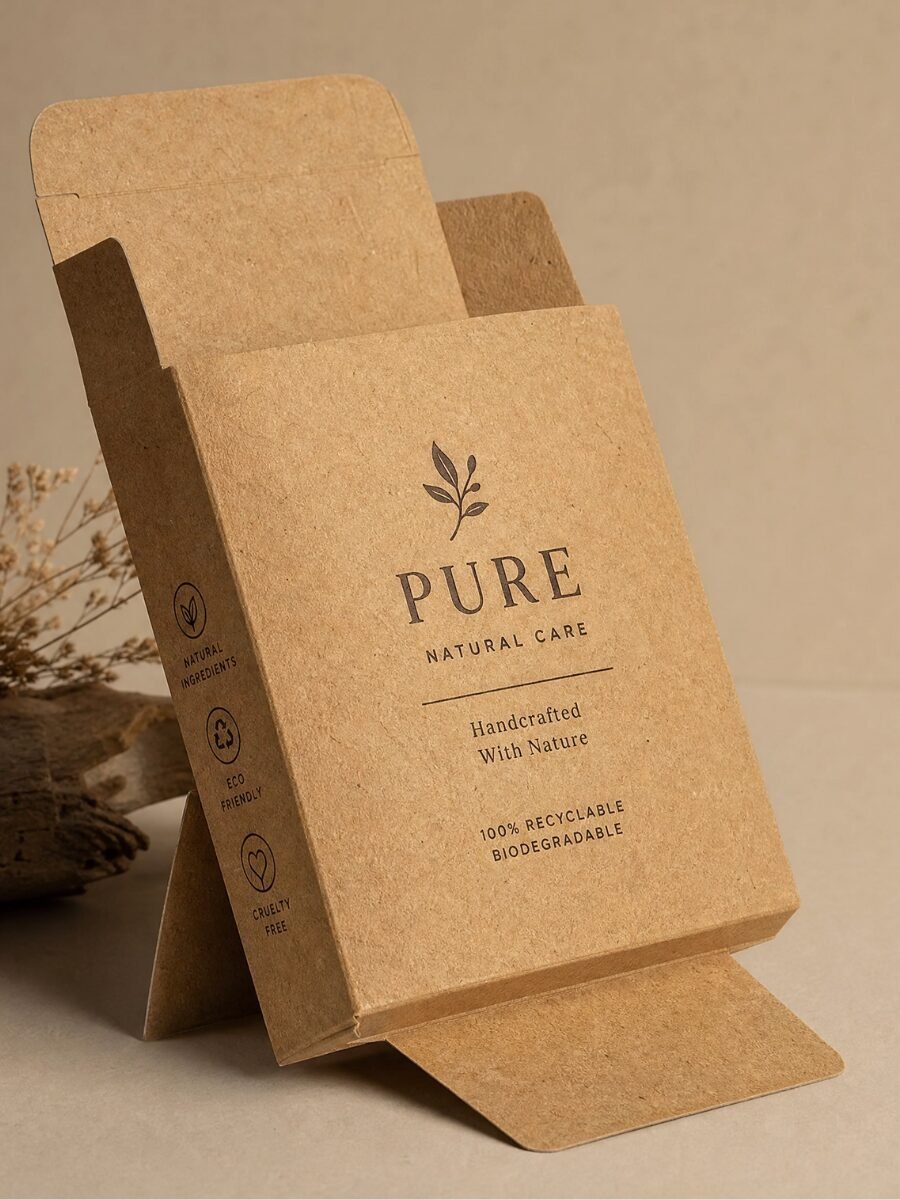 Natural kraft paperboard material showing warm brown organic fiber texture for eco-friendly sustainable mono cartons