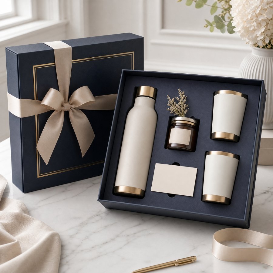Luxury client appreciation gift arranged in a premium rigid presentation box with fitted insert, neutral bottle, tumblers, and gourmet gift items