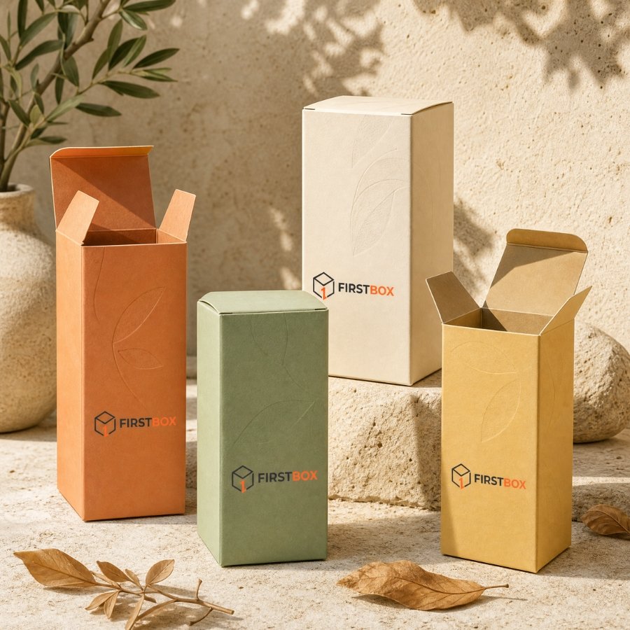 Tall FIRSTBOX haircare mono cartons for shampoo, conditioner, serum, and styling products arranged in a vivid premium studio composition