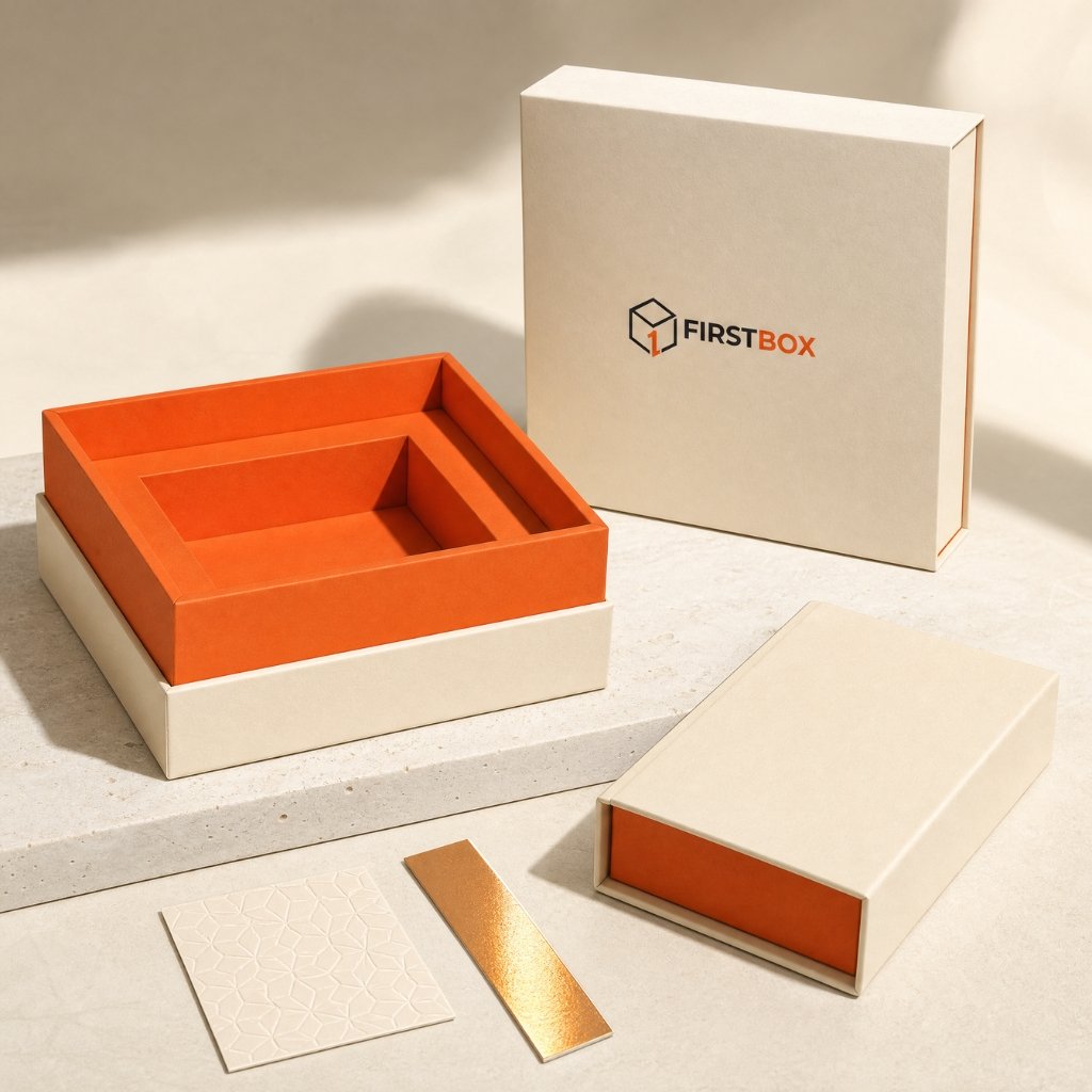FIRSTBOX premium rigid box composition showing precise lid-and-base and book-style box construction, wrapped corners, paperboard cavity, and finishing samples