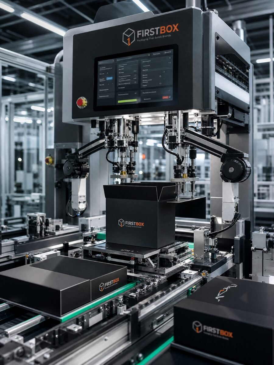Automatic rigid box manufacturing machine in action at FIRSTBOX facility