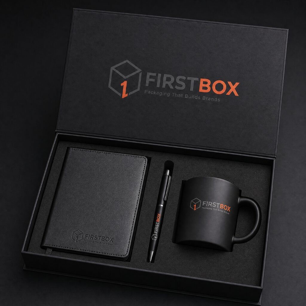 Corporate gift box with custom product cavities and FIRSTBOX branding