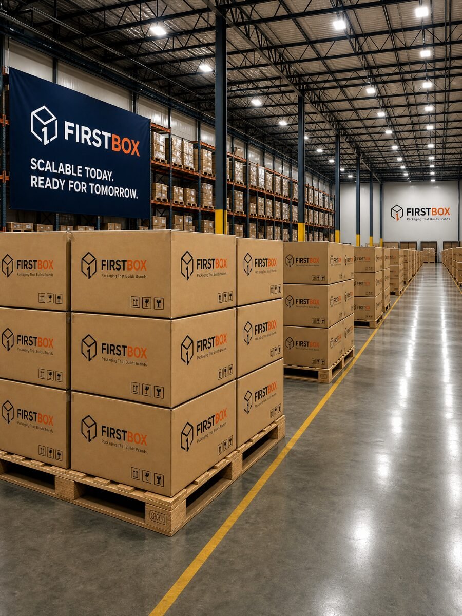 FIRSTBOX modern packaging warehouse with branded corrugated boxes and scalable production banner