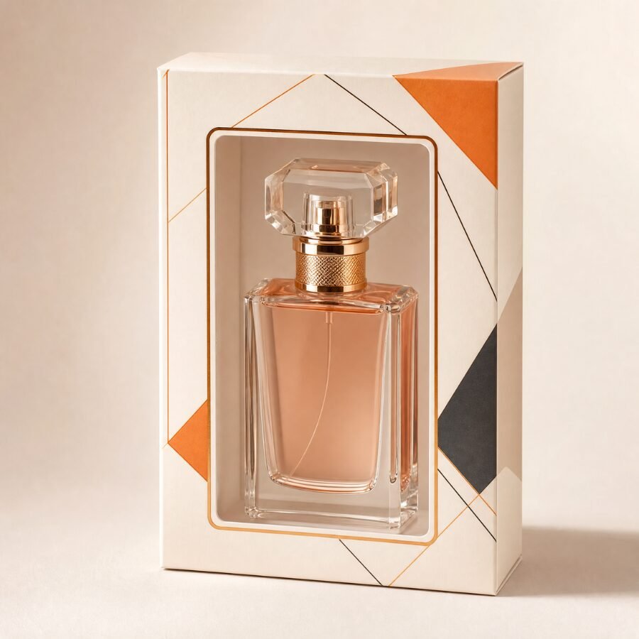 Window Carton cosmetic mono carton with large clear plastic window cutout on front panel, showing cosmetic product visible through the transparent window