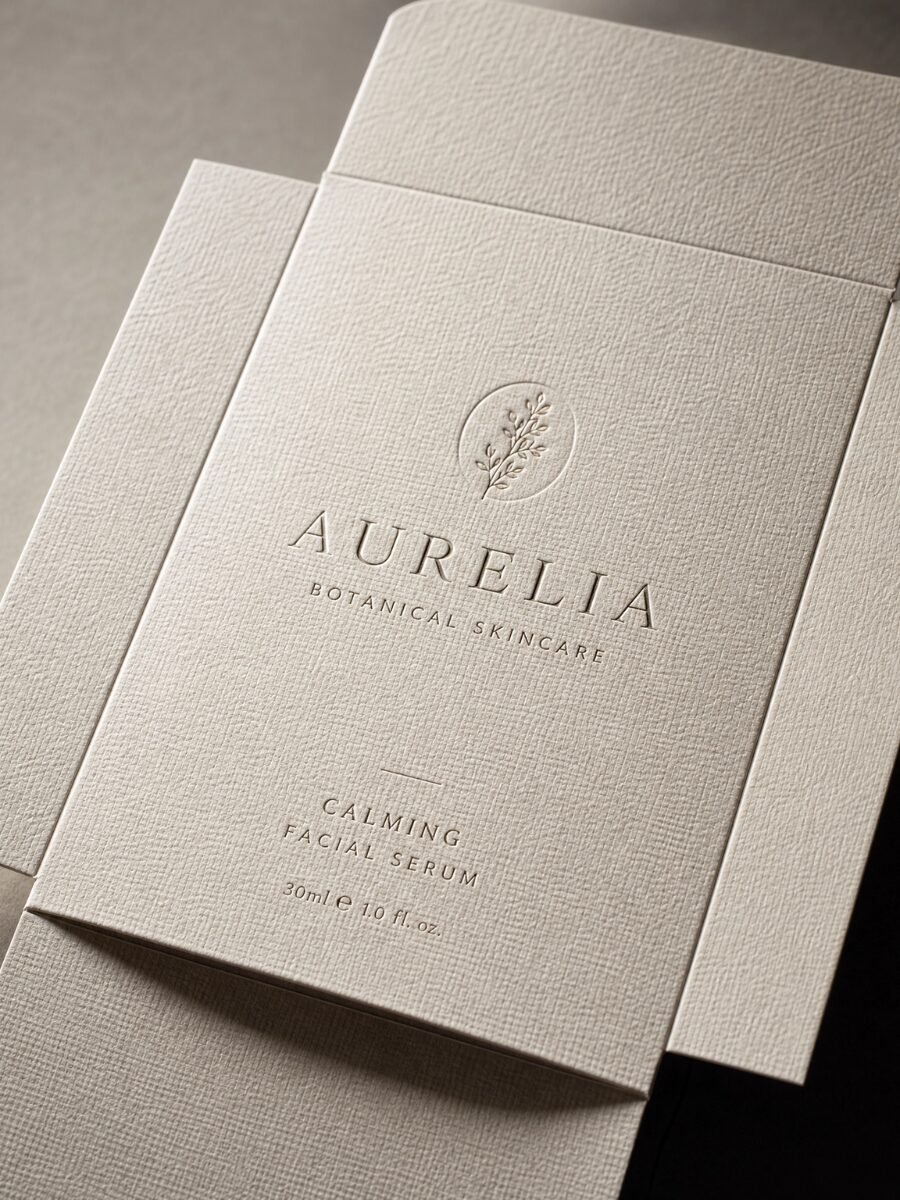Textured specialty paper with embossed linen tactile surface pattern for luxury multi-sensory mono-carton packaging