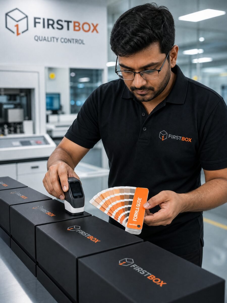 FIRSTBOX quality control inspector checking color consistency on premium rigid boxes with Pantone guide