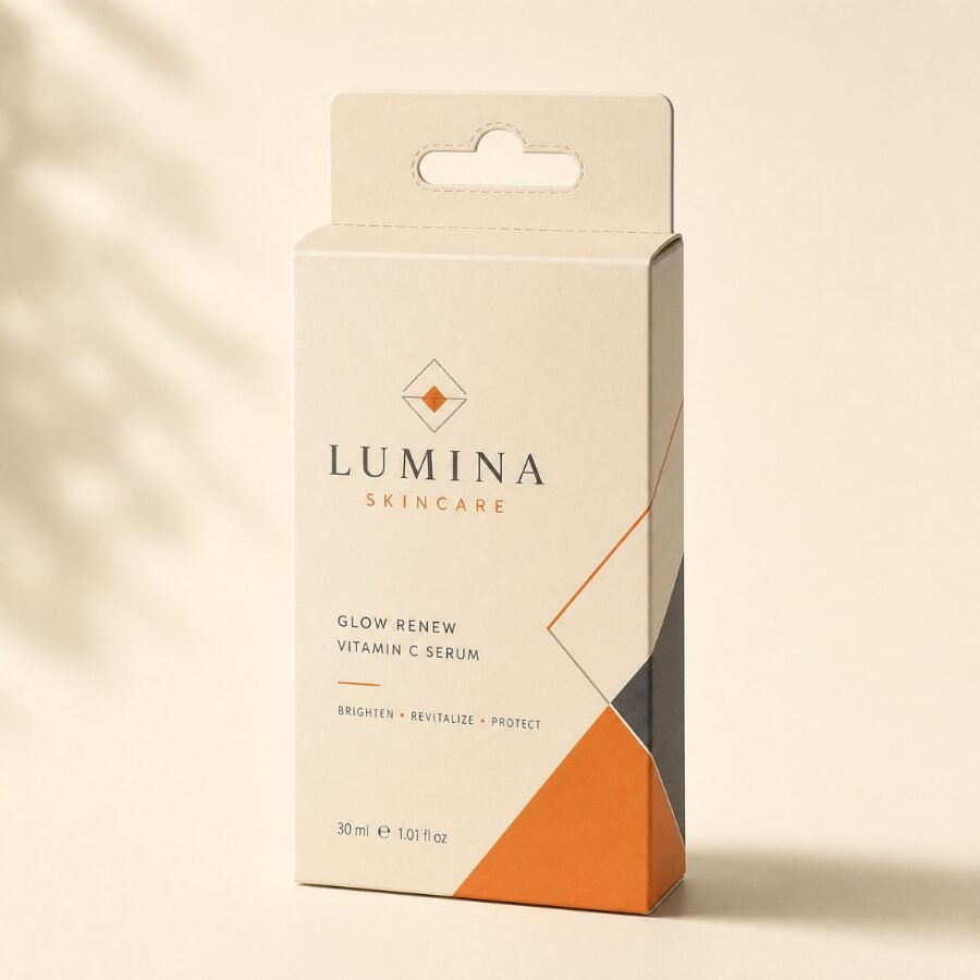 Hanging Carton cosmetic mono carton with perforated hanging hole clearly visible at the top center, showing perforation lines and hole opening