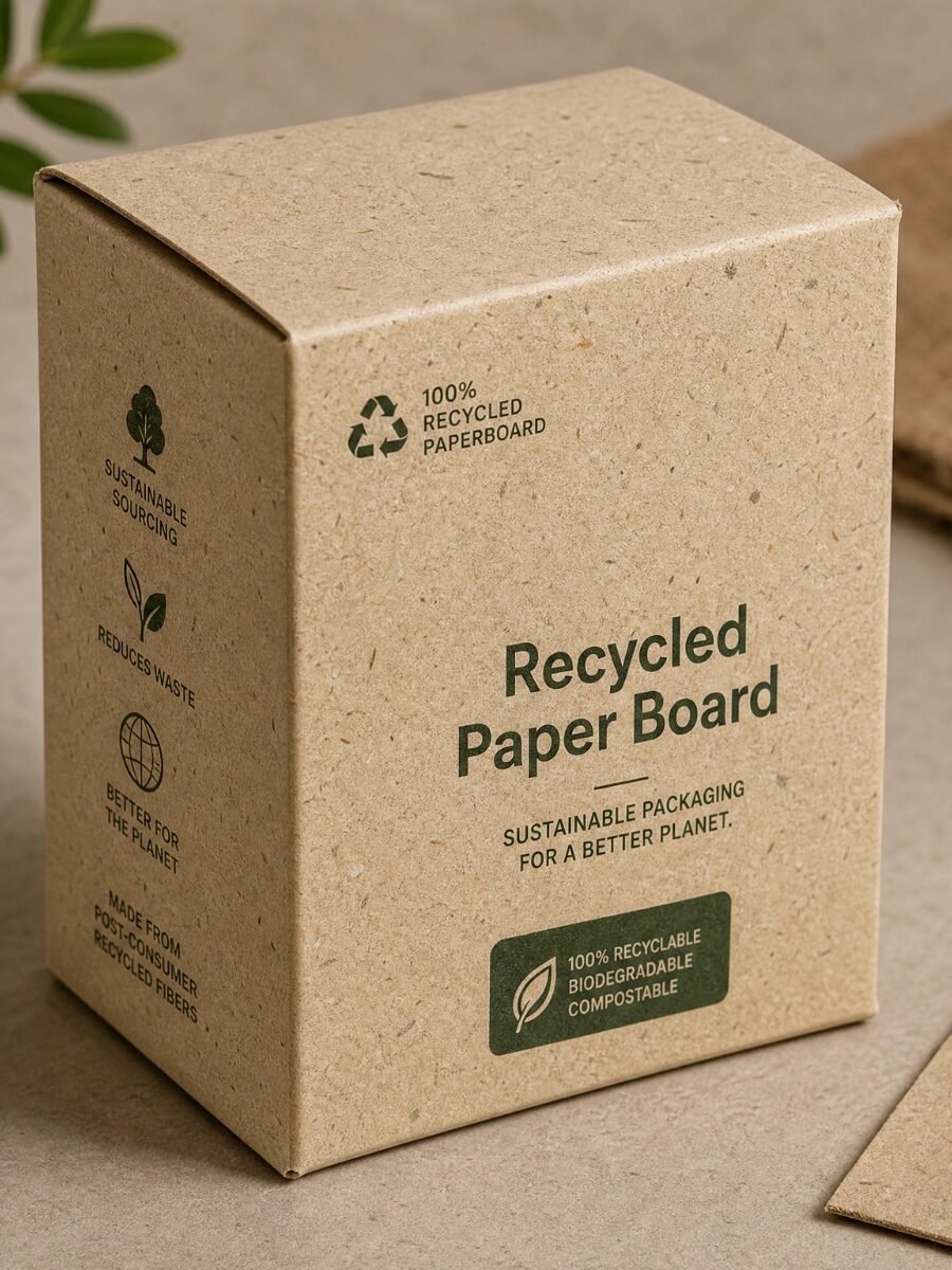 Recycled paper board material showing natural speckled eco-friendly fiber content for sustainable circular economy mono cartons