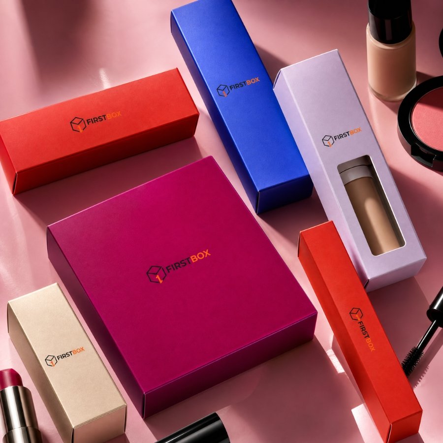 Fashion-led FIRSTBOX makeup mono cartons for lipstick, foundation, mascara, and palettes with a premium die-cut window format