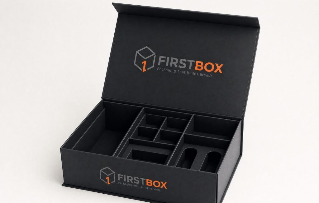 Multiple compartment rigid box with custom internal dividers