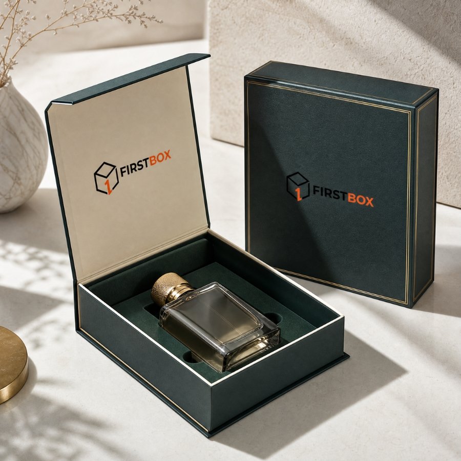 Luxury FIRSTBOX perfume rigid box with fitted insert and fragrance bottle presentation in an emerald, navy, ivory, and gold palette