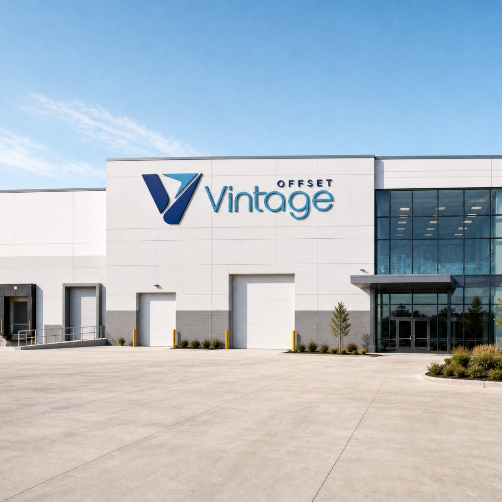 Square exterior view of a modern Vintage Offset industrial printing and packaging facility with the official Vintage Offset dimensional facade logo.